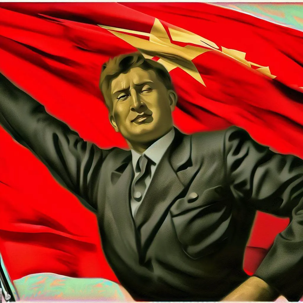 photorealistic, high definition , poster art, soviet propaganda, male president, flying red flag background