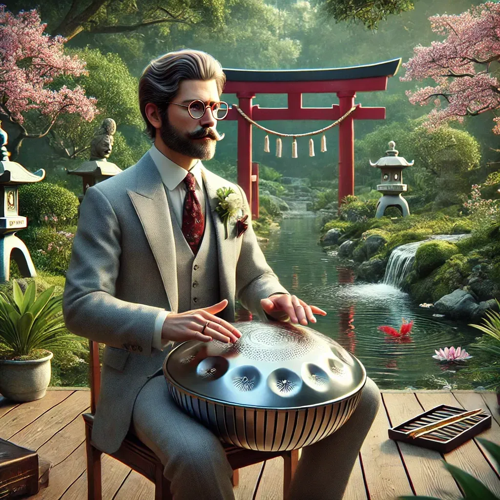 DALL·E 2025-03-13 10.49.57 - A photorealistic depiction of the same wealthy man with a very fine mustache, a small goatee, and glasses, wearing elegant attire, playing a handpan i.webp