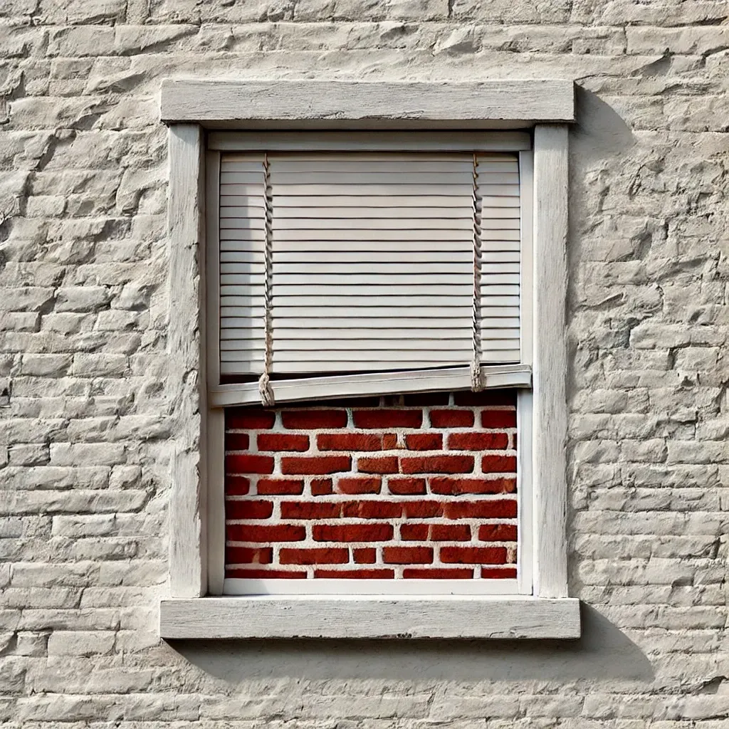 DALL·E 2024-08-30 12.39.36 - A detailed image of a white wall with two blind windows. One of the windows is sealed with a brick wall visible through the open frame, and the other .webp