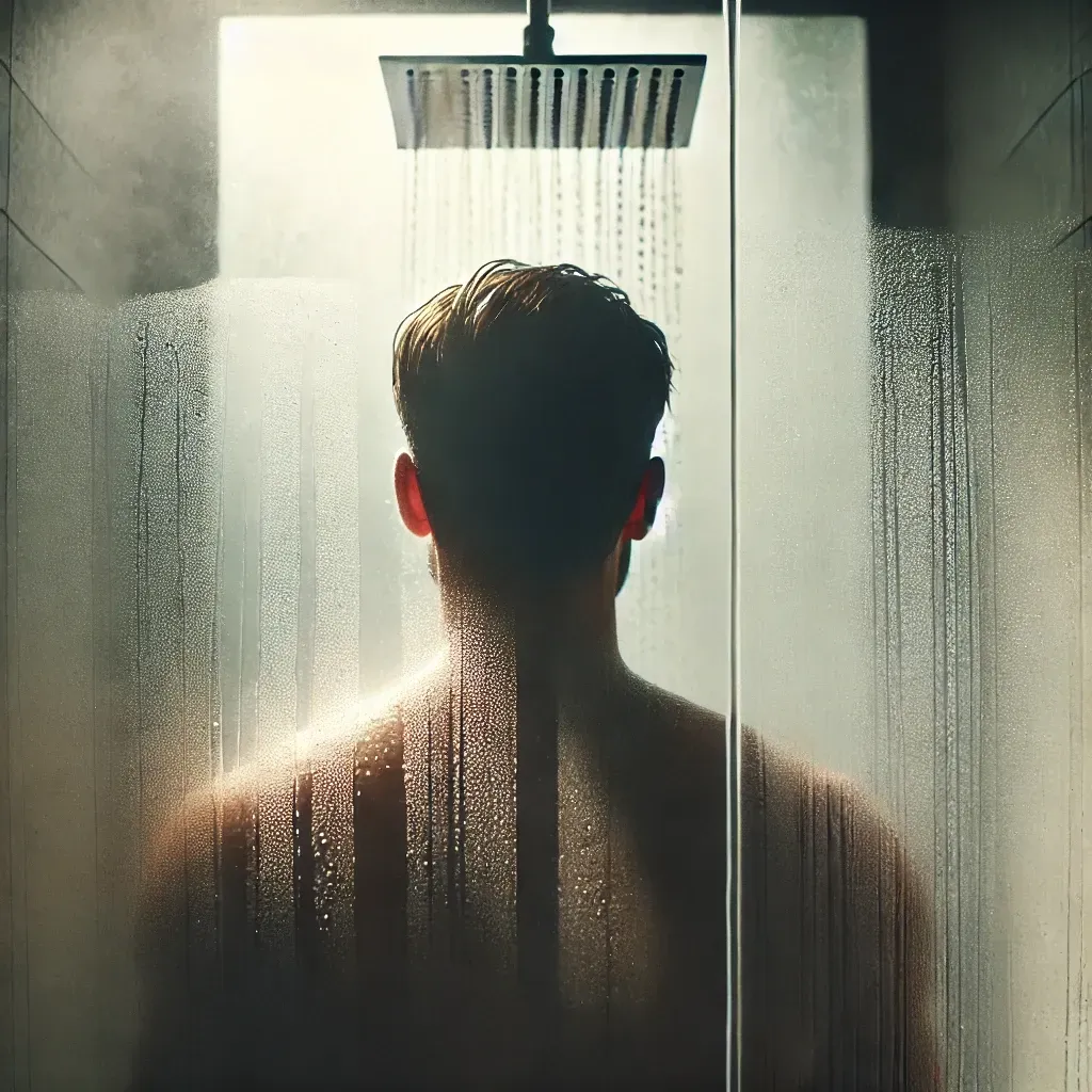 DALL·E 2024-08-15 10.38.21 - A view from behind of a 45-year-old man taking a shower in a semi-opaque shower cabin. The man has short hair, and you can see his silhouette through .webp