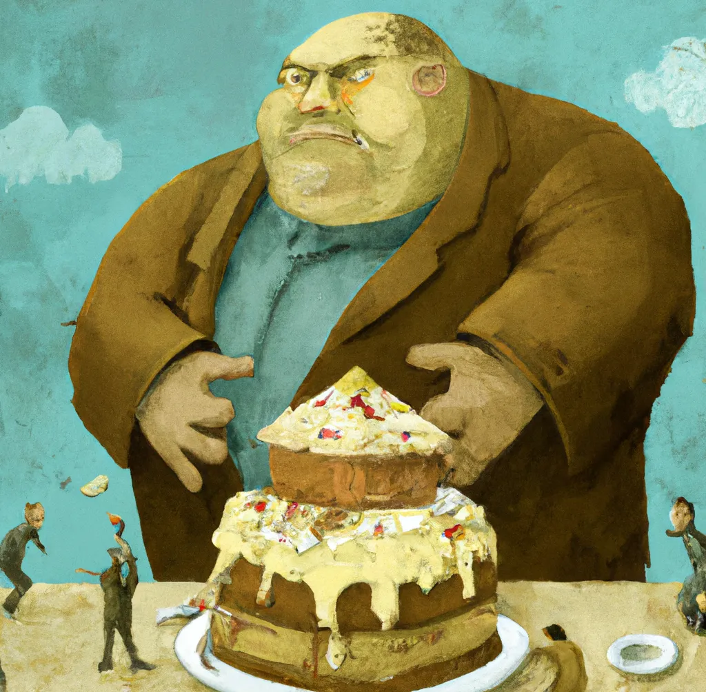 DALL·E 2023-03-14 19.41.28 - A fat giant greedy rich man giving a small slice of his giant cake to hundreds of small people that are starving, digital art.png