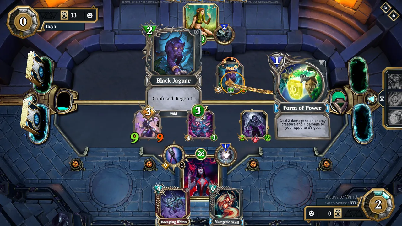 I am killing Black Jaguar on the screenshot, the opponent's god will get 1 damage and my Faithbreaker will become 10/10 - so many ways to buff this creature!