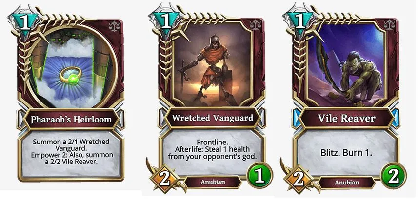 Pharaoh's Heirloom and its creatures: 2/1 Wretched Vanguard and 2/2 Vile Reaver