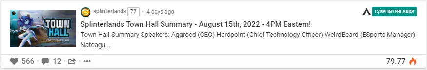 Splinterlands Town Hall Summary - August 15th, 2022