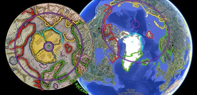 Links das alte Daaria mit dem alten Nordpol (violetter Kreis), rechts nach der Verschiebung mit dem heutigen Nordpol. Auszug aus Daaria.