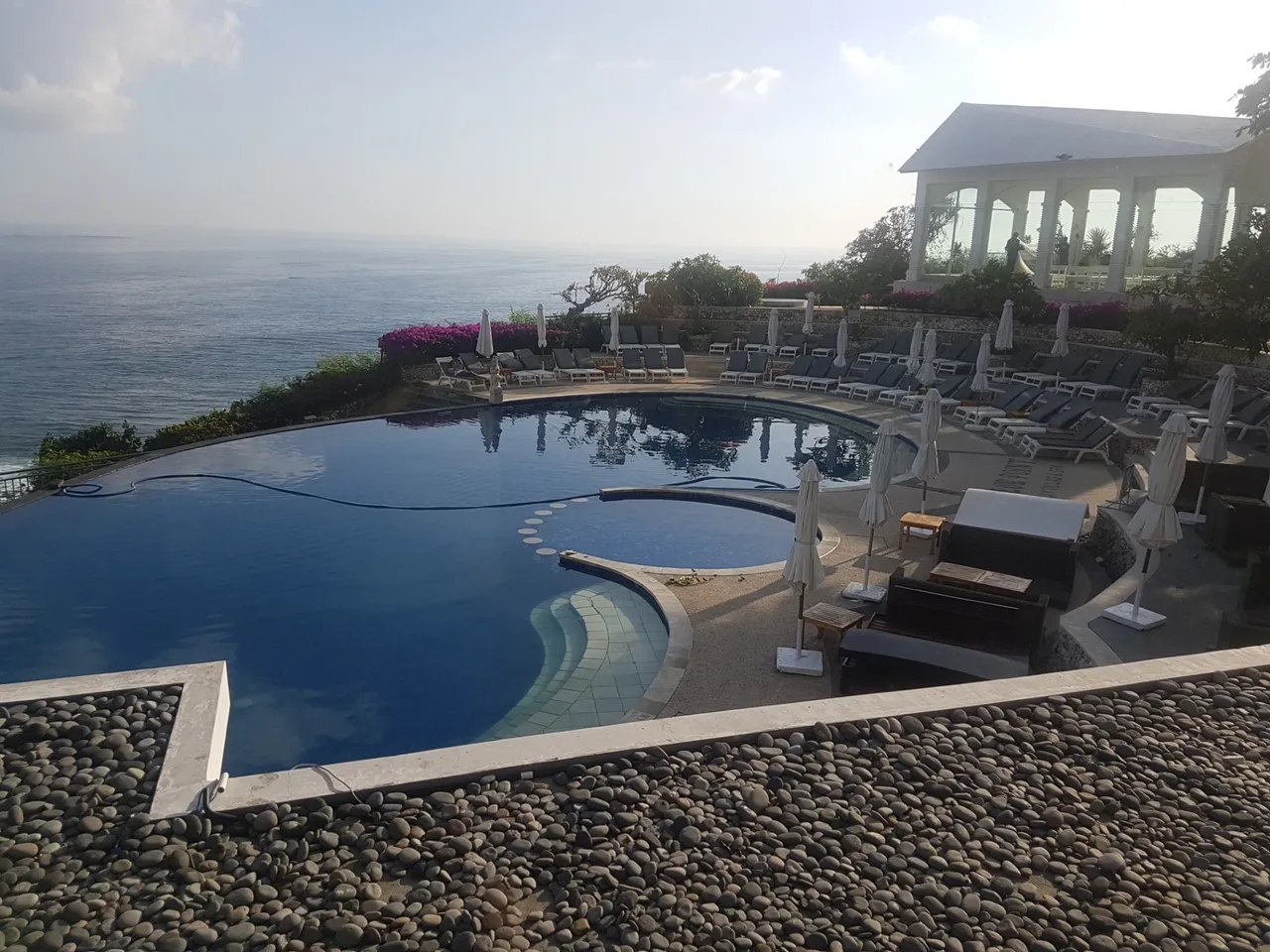 The pool, first thing in the morning before it was open to tourists. It never looked this empty! No wonder all the guests loved it, it had a great view over the ocean.