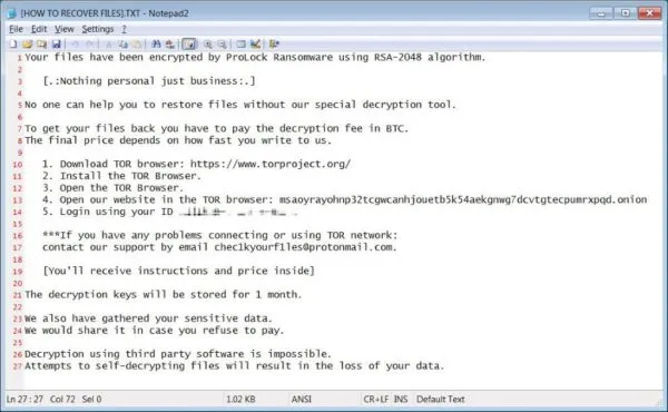 ProLock ransomware note