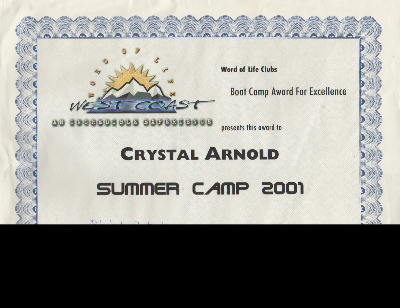 2001-07 - West Coast Camp, Boot Camp Award For Excellence, Crystal Arnold.png