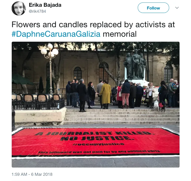 Erika Bajada on Twitter Flowers and candles replaced by activists at DaphneCaruanaGalizia memorial… .png