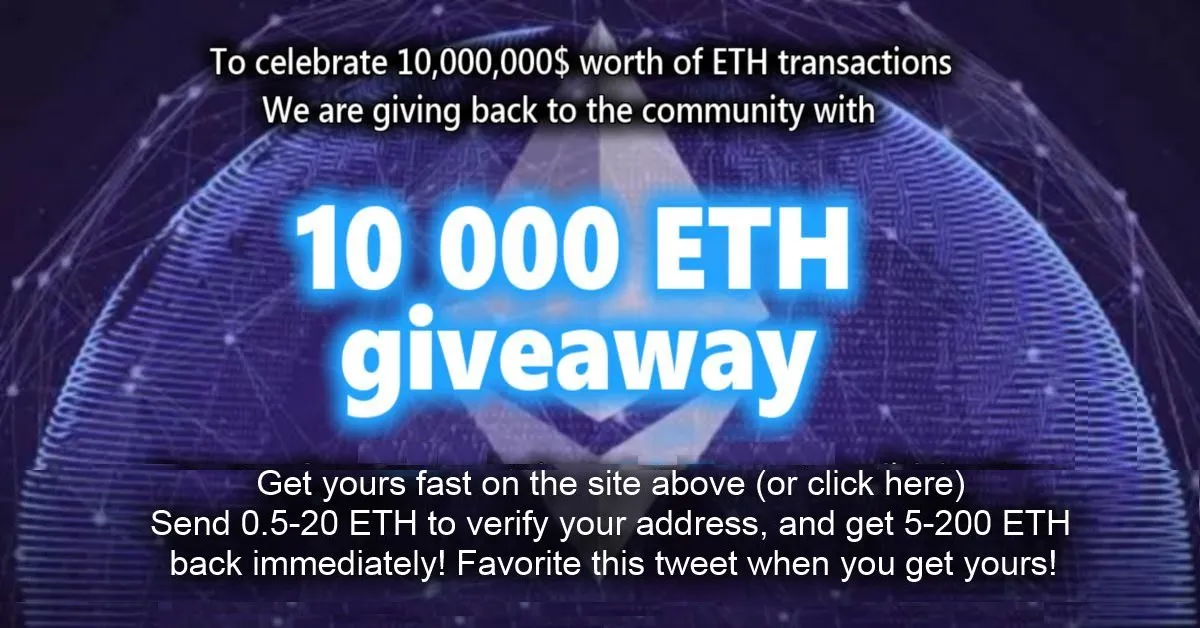 0 send. Giveaway ETH. 200 ETH. ETH Giveaway 100$. Address please.