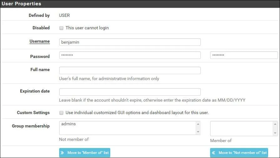 pfsense user settings