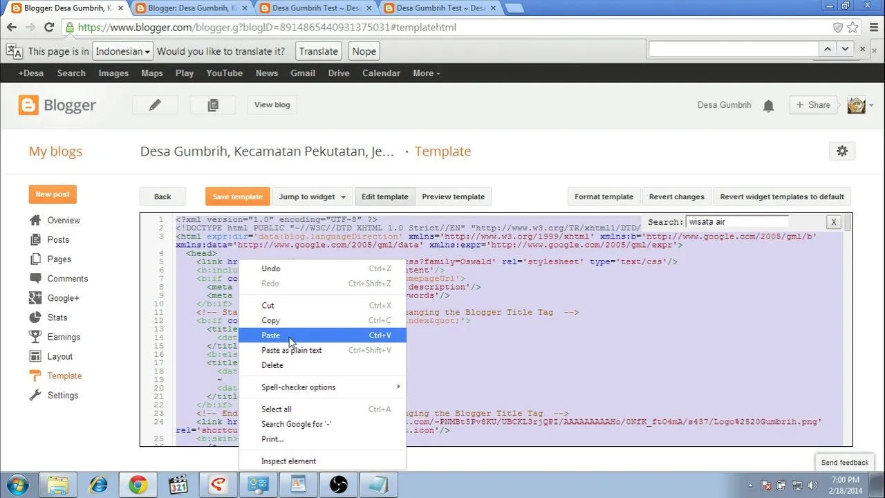 Copy html backup code from the wordpad to the template