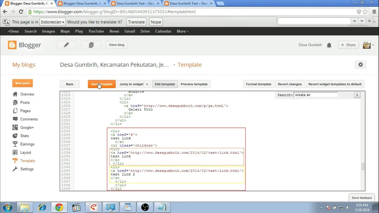Penambahan test link 2 menu