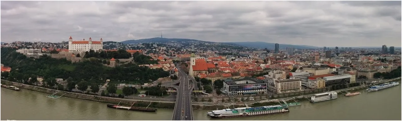 A beautiful view towards the castle and the old town from the UFO in Bratislava