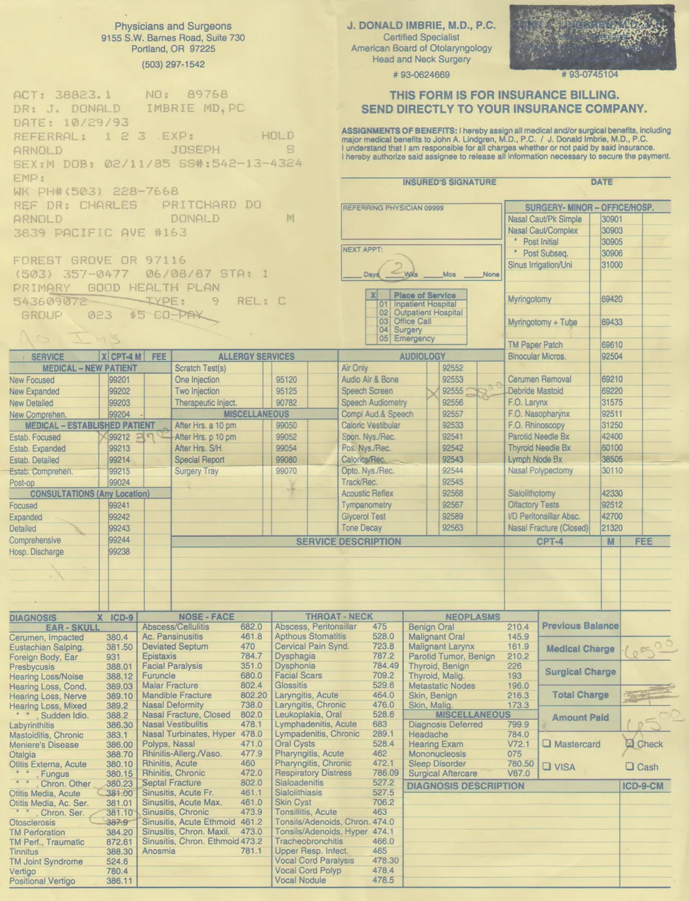 1993-10-29 - Friday - Medical Results of Joseph and Richard Arnold, Yellow Paper-1.png