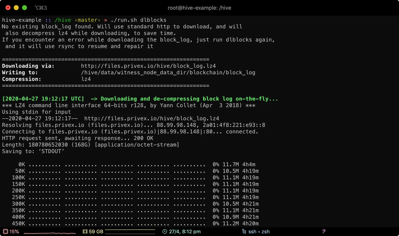 Screenshot of run.sh dlblocks command