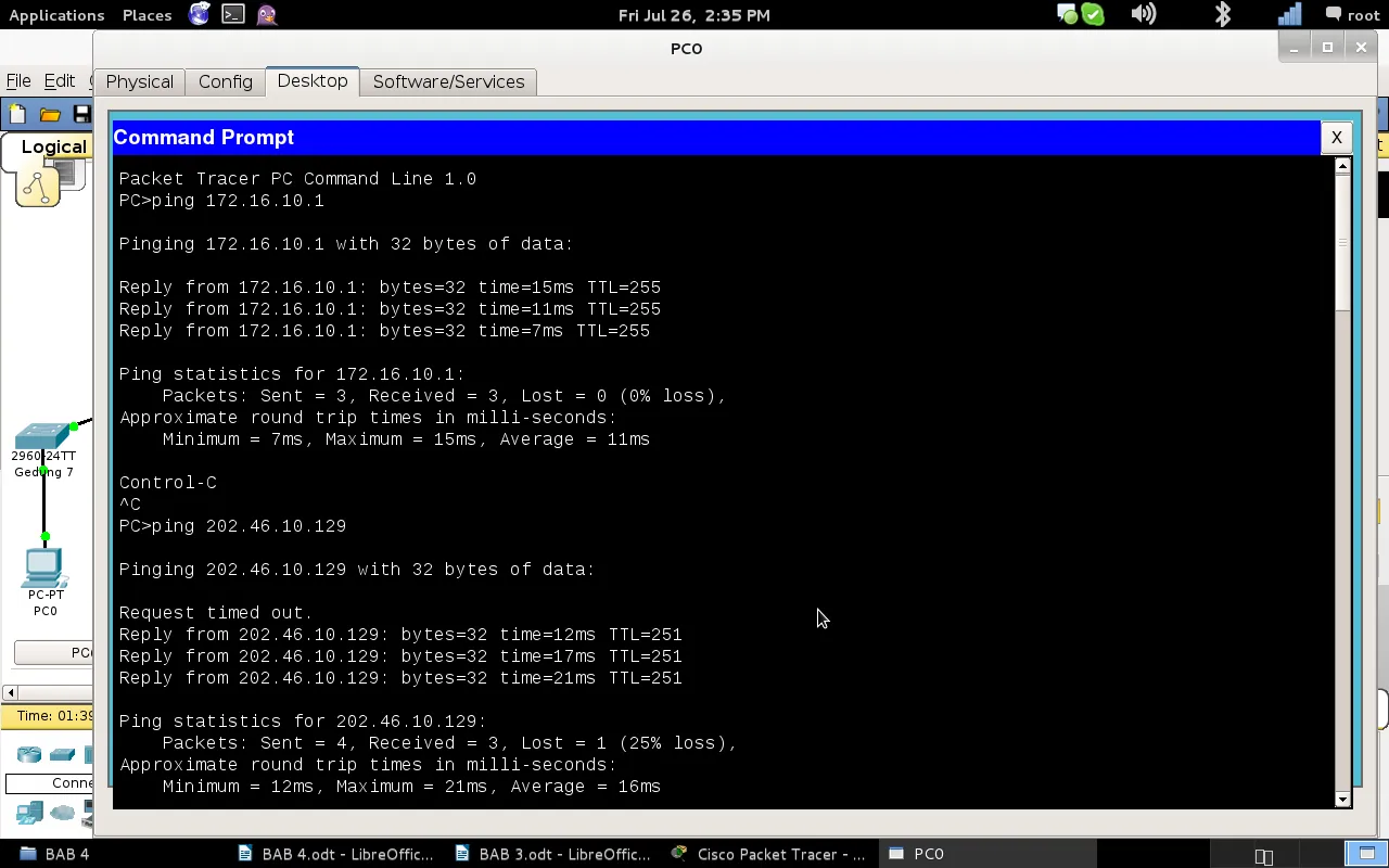 Gambar 4.18 PING dari PC0 ke VLAN 10 dan Modem.png