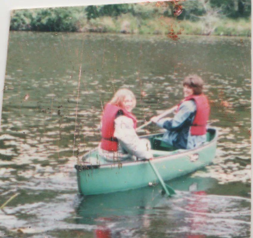 2002 - Karen, Crystal, canoe boat, lake, apx date.png