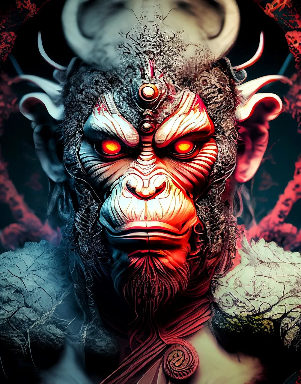 Firefly_A+japanese tea garden lord hanuman the monkey king in a negative avatar red eyes aggressive in 8k extremely detailed with dark colors and a dark atmosphere infinite intricacy fractal pattern, hyper-realistic, science_f-01.jpeg