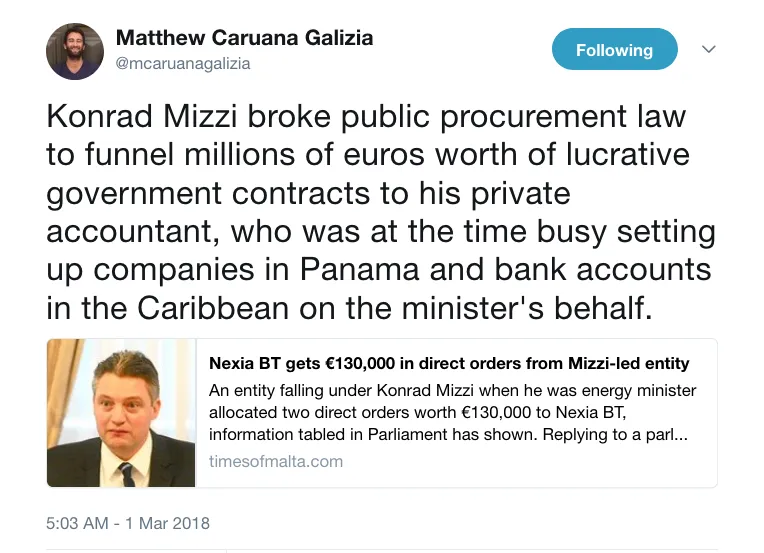 Matthew Caruana Galizia on Twitter Konrad Mizzi broke public procurement law to funnel millions of euros worth of lucrative government contracts to his private accountant who was at the time busy setting up companies.png