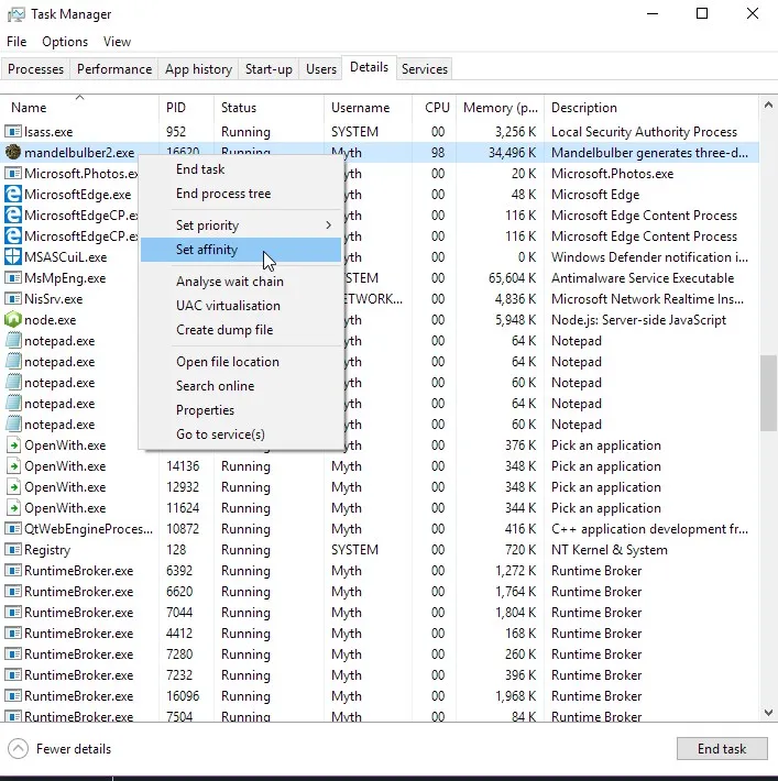 Windows 10 Task Manager Set Affinity