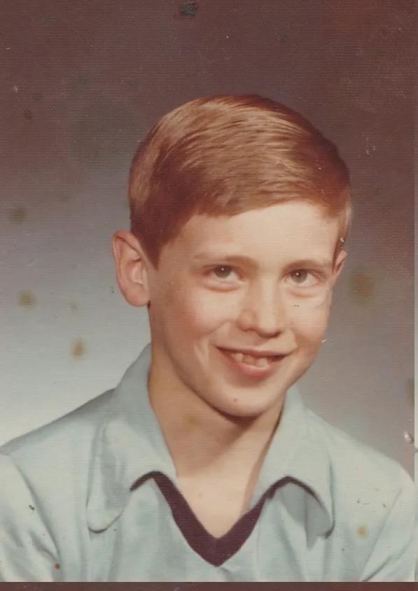 1970's maybe - boy with orange hair in blue - Ricky Allen Hunter Age 10 - 3rd grade.jpg