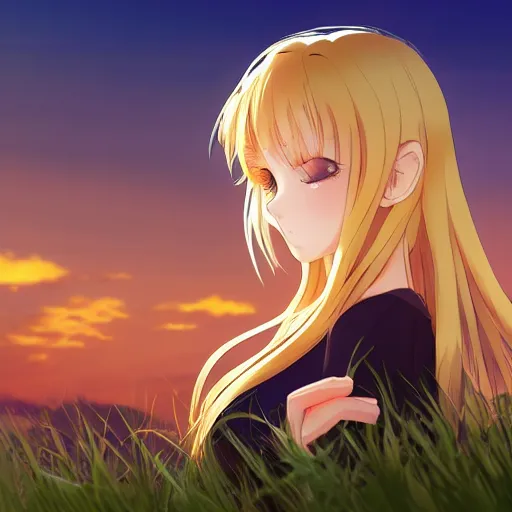 Anime, Young Female, Long Blonde Hair and Large Eyes, Golden Hour Sunset  Lighting Poster 