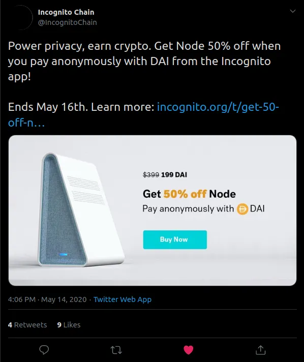Source: https://twitter.com/IncognitoChain/status/1260934497765376000