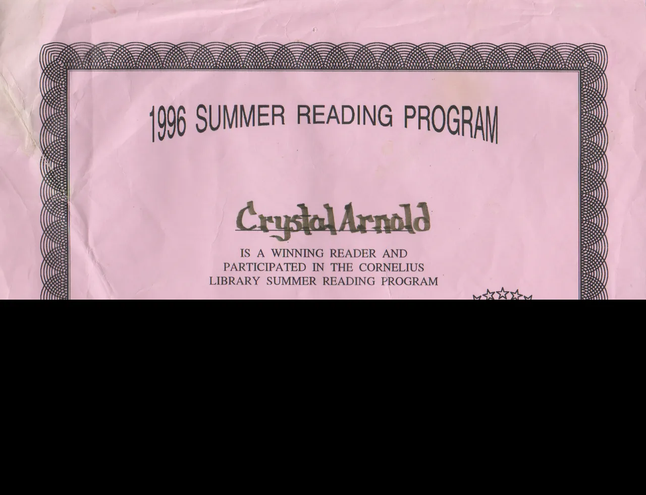 1996-08-10 - Saturday - Crystal Arnold, Summer Reading Program, Winning Reader, Participant, Certificate.png