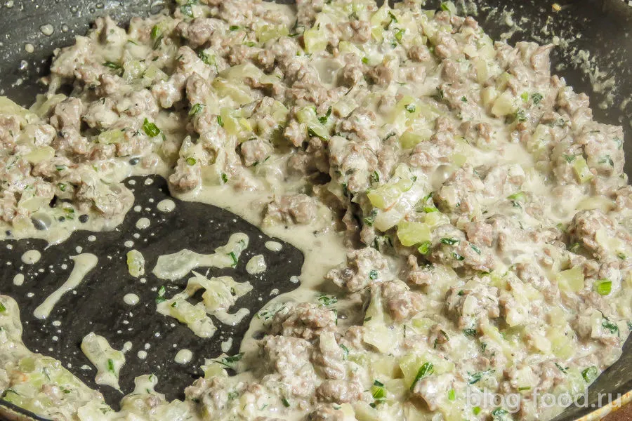 Potato casserole with meat, sour cream and cheese