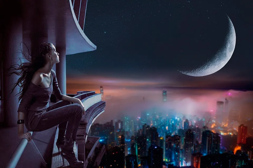 Girl, Cityscape, Moon, Fantasy, Skyline, Skyscrapers
