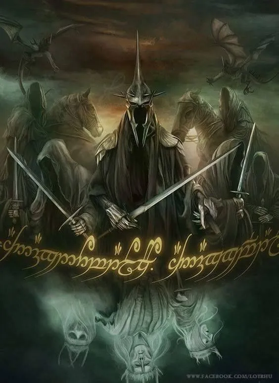 Nazgûl: Os Nazgûl (da lÃngua negra: Nazg "anel", e Gûl, "EspÃrito", "Espectro") são personagens fictÃcios das obras de J. R. R. Tolkien, na Terra Média. Eram nove homens que sucumbiram ao poder de Sauron e quase atingiram a imortalidade como fantasmas, funcionários ligados ao poder do Um Anel. Eles são mencionados pela primeira vez em O Senhor dos Anéis, publicado originalmente em 1954-1955. O livro chama os Nazgûl de "os mais terrÃveis servos" de Sauron. Escrita de Tolkien Os Nazgûl fora...