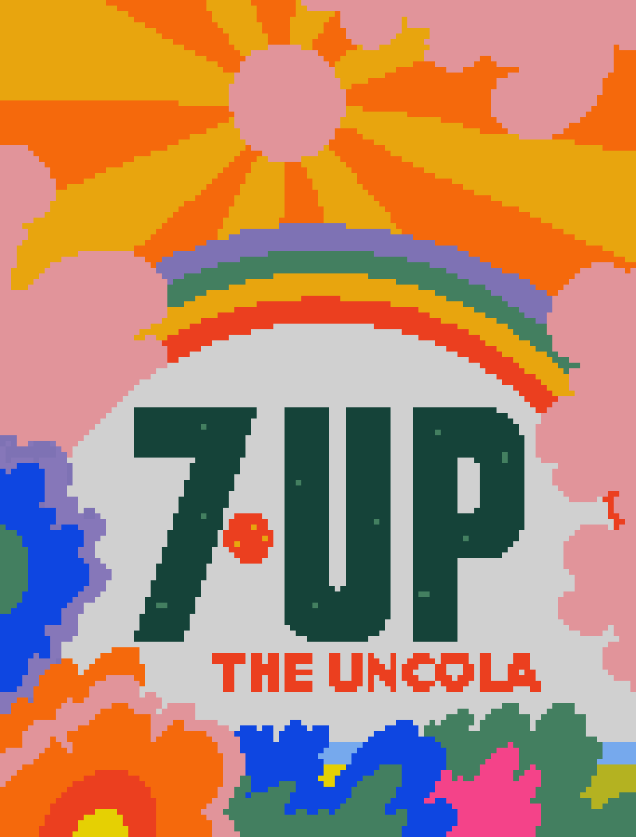 Re-interpretation of a vintage 7-UP advertisement from the 1970s. 114  x 150px, 4 frames, 8fps, 14 color custom palette