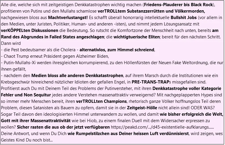 Mit solchem unerlöstem M/O=STRESS zerrütten Menschen die Menschheit als ihre grössten Feinde