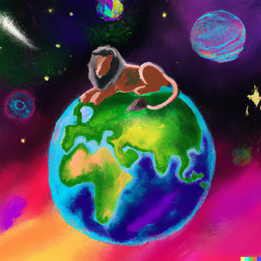 DALL·E 2023-08-28 18.36.38 - A giant lion sits on top of a colorful planet earth.  The earth is fantastic with space dust and shooting stars of various colors.  Everything is lush.png