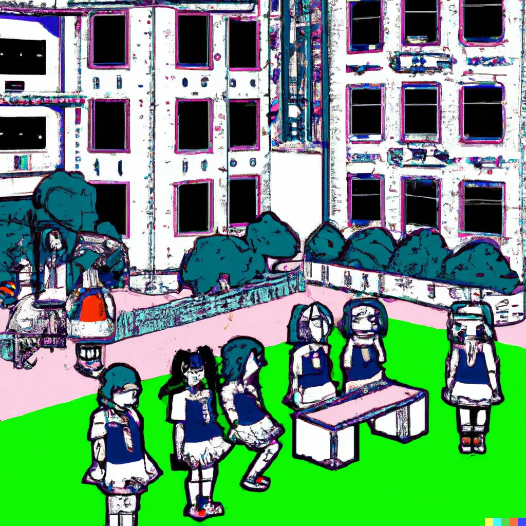 DALL·E 2024-04-20 14.03.26 - A colorful psychedelic school with students and uniform.  The school building is japanese.  Everything is 8 bit.png