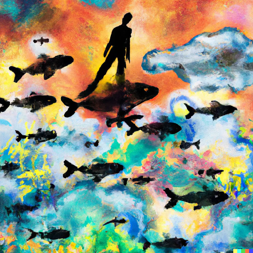 DALL·E 2023-04-14 23.26.14 - a shadow figure exploding into a many colors.  he is floating in the sky and there are fish swimming in the sky while the ground is covered.  in the s.png