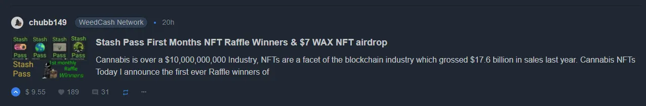 @chubb149 Stash Pass First Months NFT Raffle Winners & $7 WAX NFT airdrop