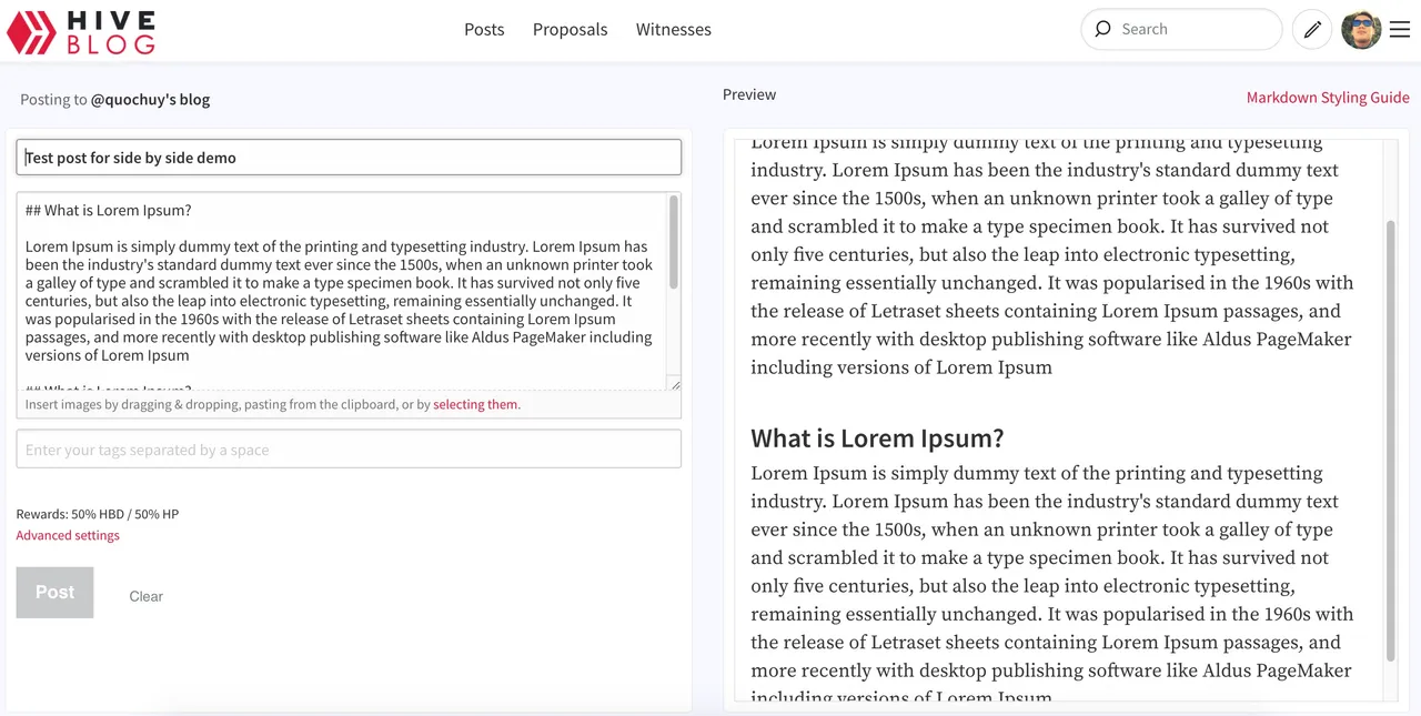 Hive Blog side by side post editor