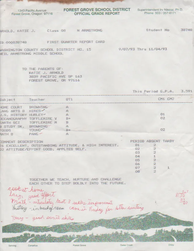 1993-11-04 - Thursday - Report Card - Neil Armstrong , 8th grade, Katie Arnold from September to November.png
