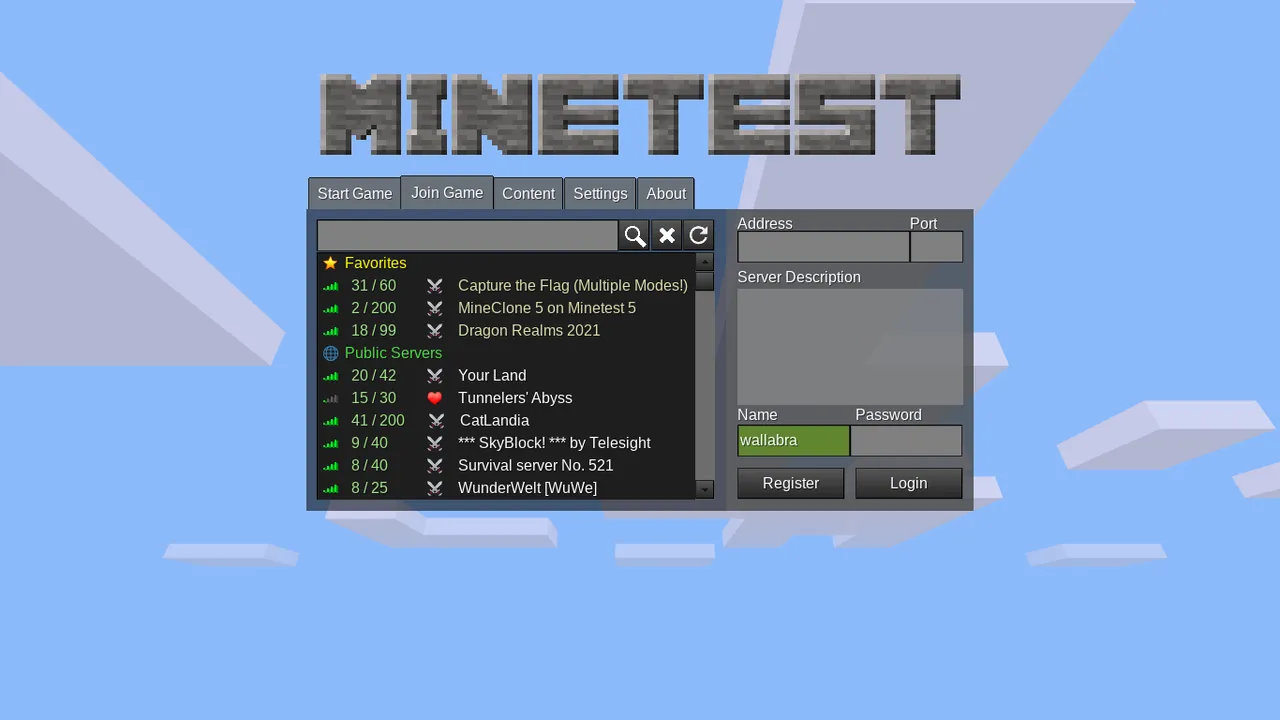Join Game screen in Minetest