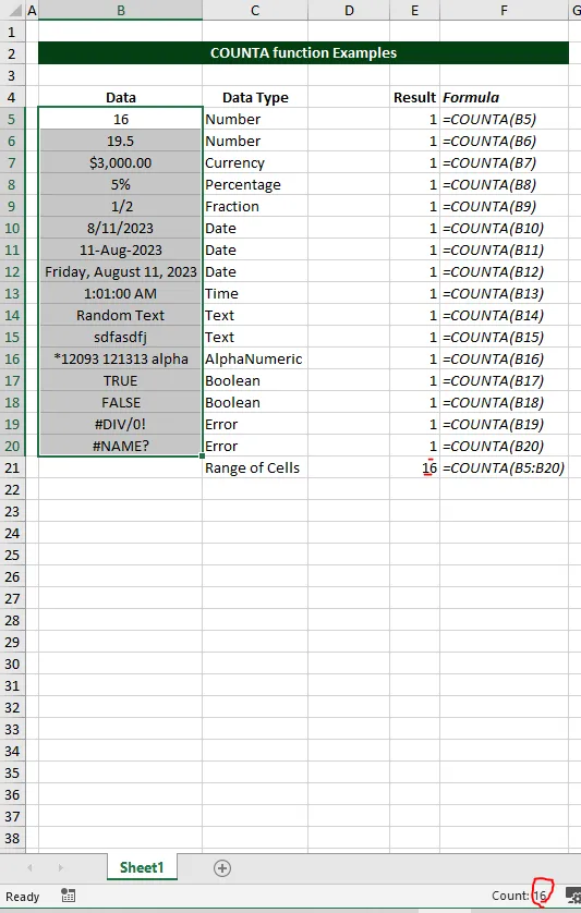 COUNTA Function in a Range of Cells