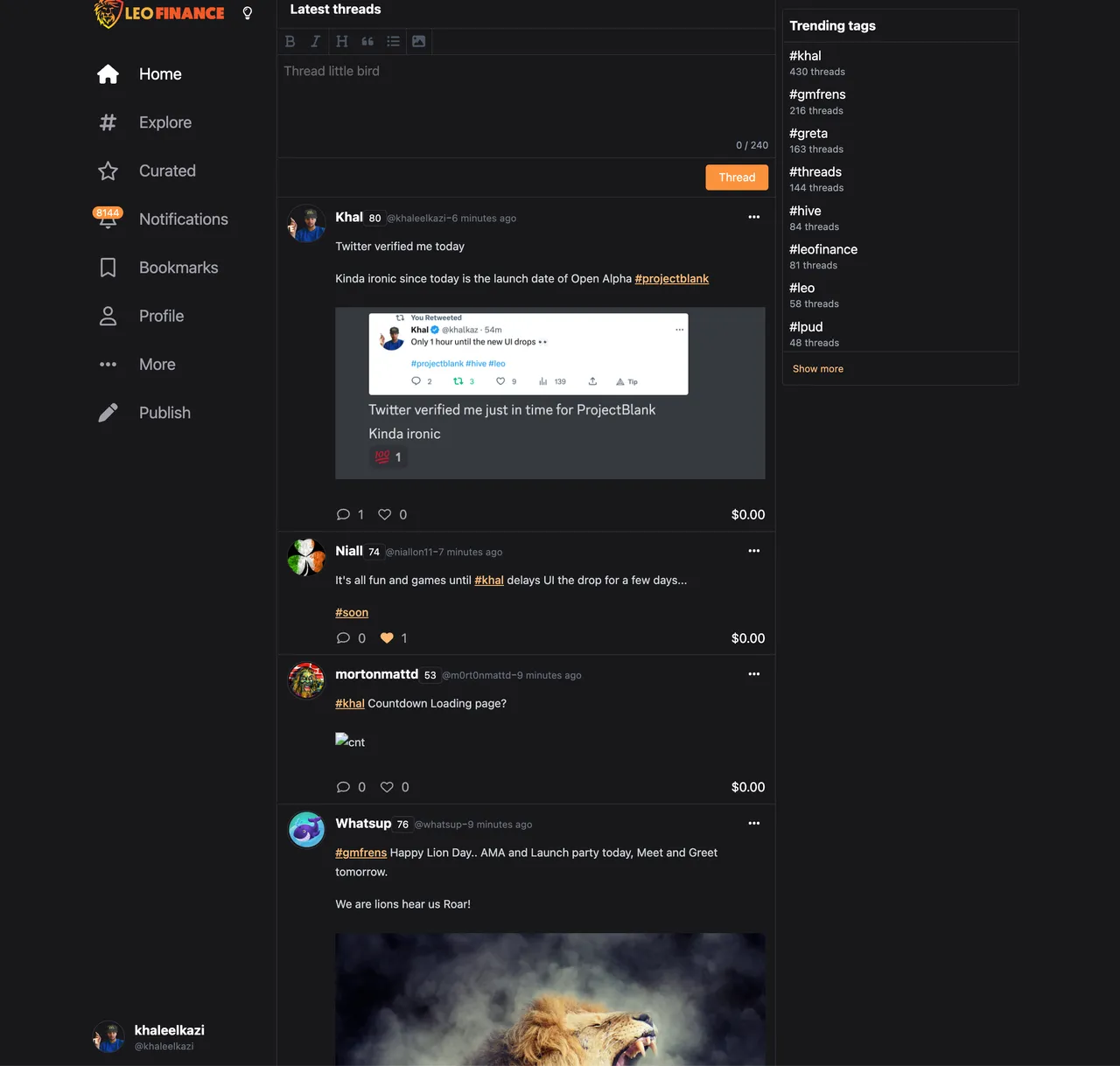 A look at the Threads section of the new Web3 blogging platform, LeoFinance.