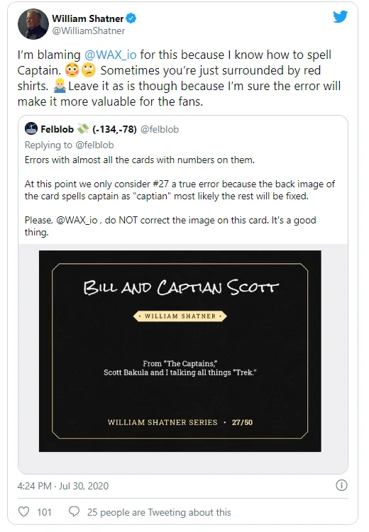 Shatner agrees that changing the mistakes on cards can decrease their value