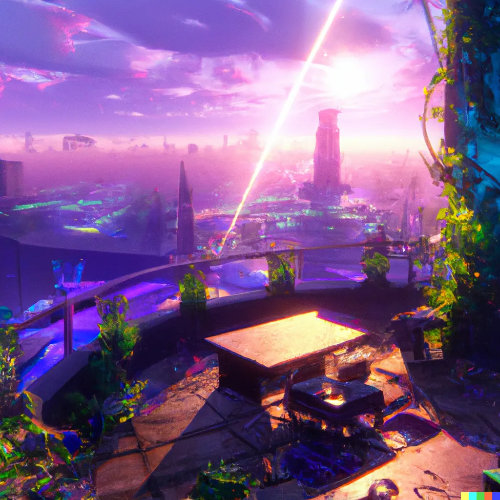 "DALL·E 2022-08-28 12.32.46 - An albert bierstadt landscape painting of a rooftop garden in synthwave city at sunrise, futurustic, chair, table, skyscrapers, vines, planters, flowe.png"