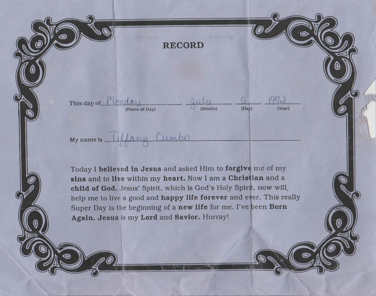 1992-07-06 Monday VBS Tiffany Cumbo Record Salvation Acceptance Certificate-1.png