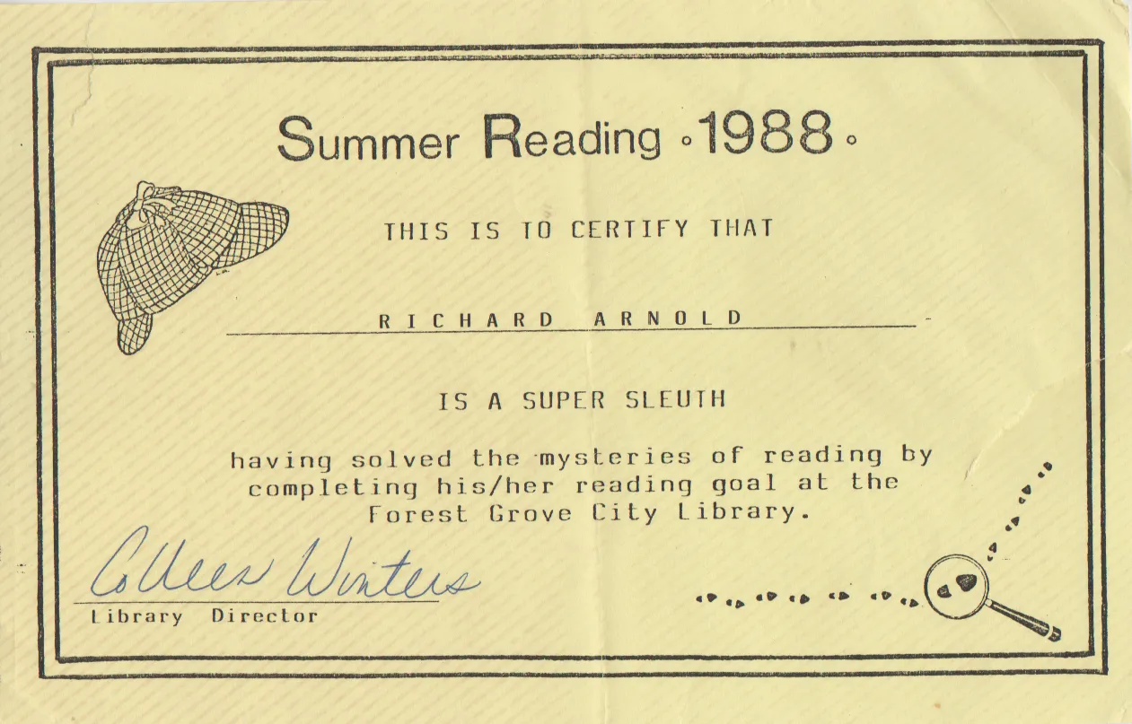 1988-06 - Summer Reading, Richard Arnold is a Super Sleuth, library director.png