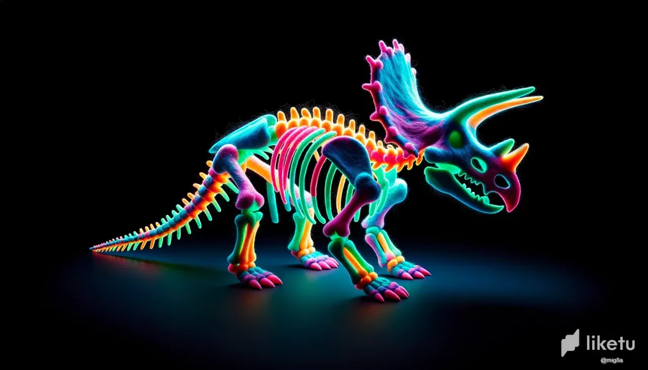 clnrsuk5t06d464sz32uo2rw3_DALLE_2023-10-15_13.16.54_-_3D_rendering_of_a_skeletal_Triceratops_crafted_from_felt_in_vibrant_phosphorescent_and_electric_colors_positioned_against_a_deep_black_backdrop._The_.webp