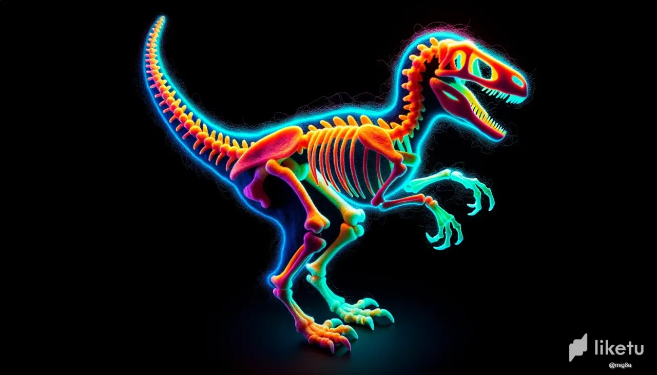 clnrt6w7q062a9yszdl9fdobm_DALLE_2023-10-15_13.16.59_-_3D_rendering_of_a_skeletal_Velociraptor_crafted_from_felt_in_vibrant_phosphorescent_and_electric_colors_positioned_against_a_deep_black_backdrop._The.webp