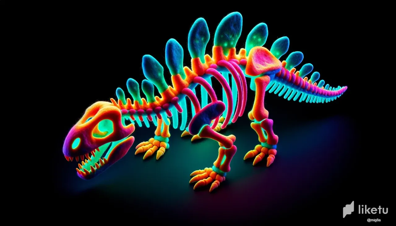 clnrtks6r064t94sz4cj40t37_DALLE_2023-10-15_13.17.05_-_3D_rendering_of_a_skeletal_Ankylosaurus_crafted_from_felt_in_vibrant_phosphorescent_and_electric_colors_positioned_against_a_deep_black_backdrop._The.webp